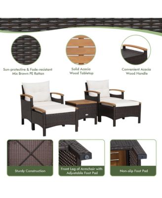 5 Piece  PE Wicker Lounge Chair Outdoor Patio Rattan Furniture Set w/ Wood Tabletop Cushions