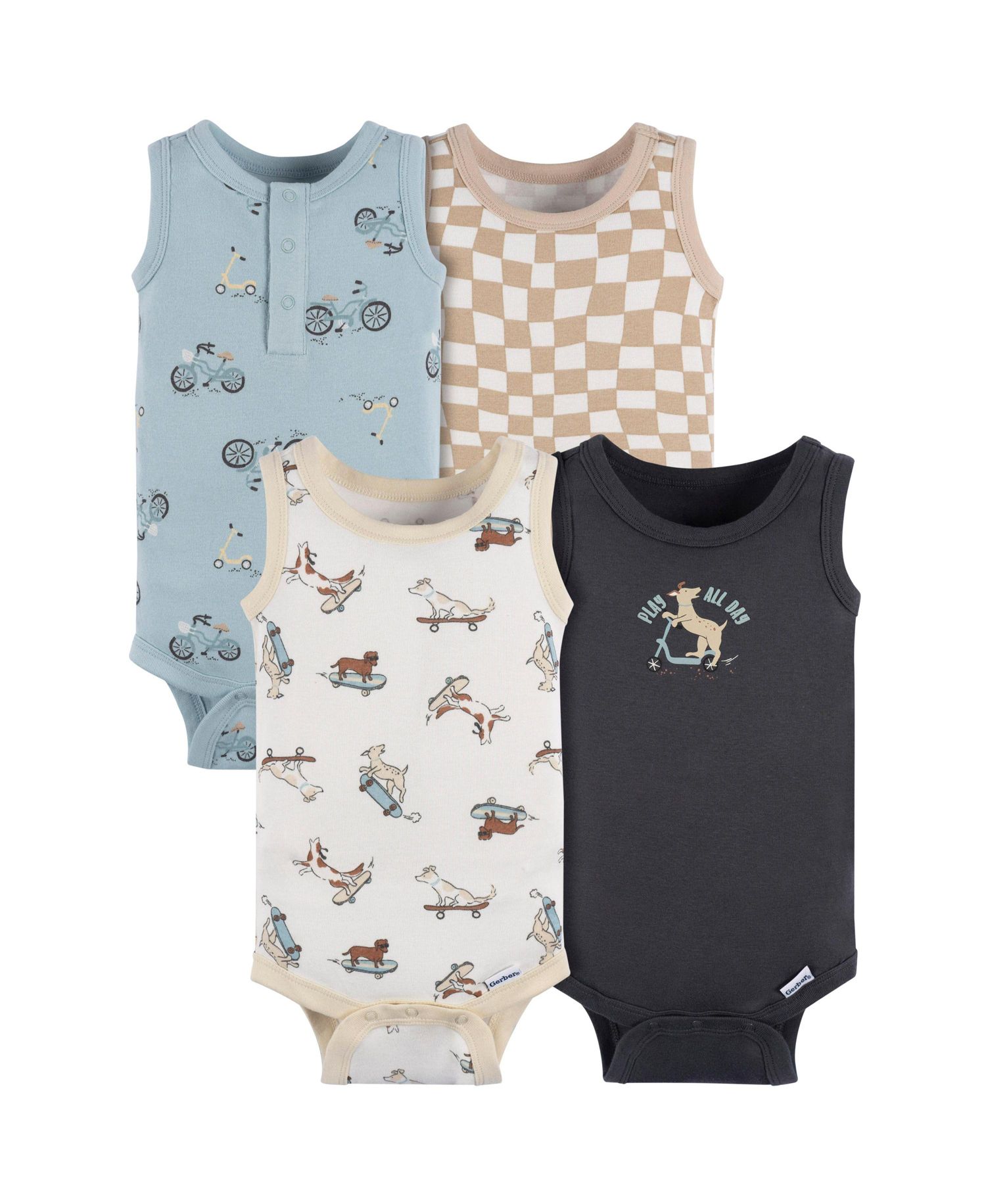Baby Boys 4-Pack Sleeveless Onesies Bodysuits, Blue Bike