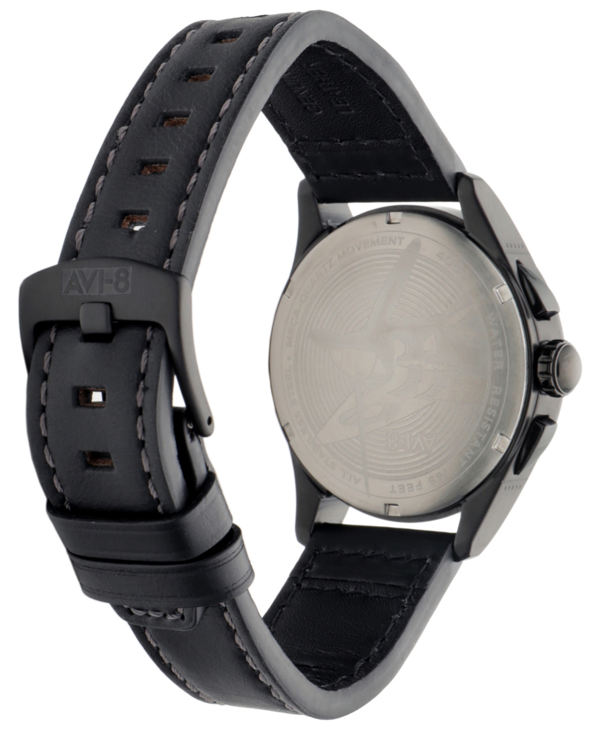 Avi-8 Men's Spitfire Lock Chronograph Black Leather Strap Watch, 42mm In Black