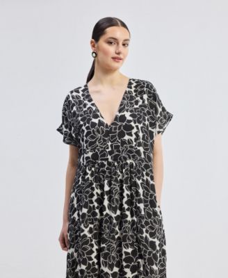 Women's Deep V-neck Maxi Dress with Front Gathers in Black Florals