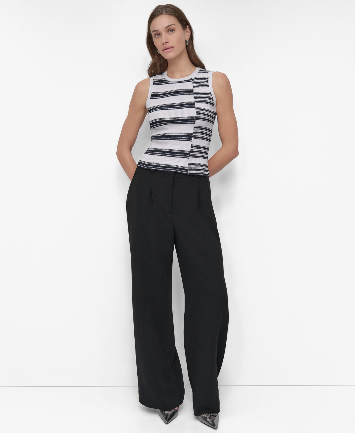 Shop Dkny Petite Striped Ribbed Knit Sleeveless Top In Navy,white Stripe