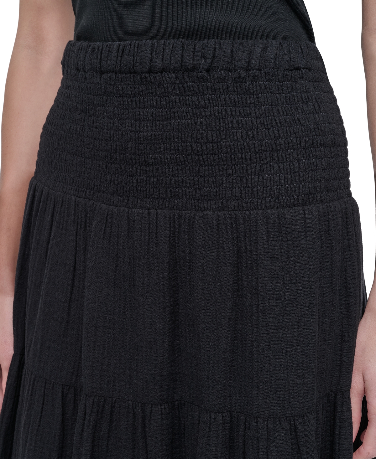 DKNY JEANS PETITE COTTON SMOCKED-WAIST TIERED MAXI SKIRT 