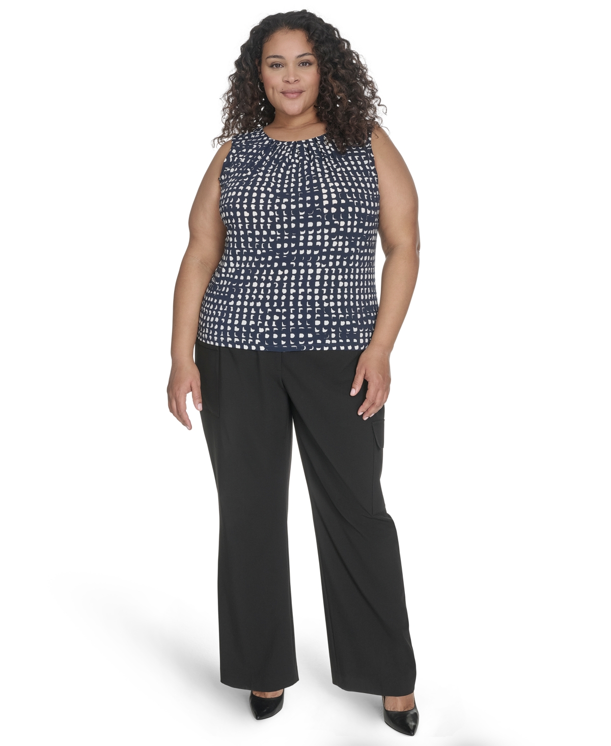 Calvin Klein Plus Size Printed Pleat Neck Sleeveless Top In Navy,cream