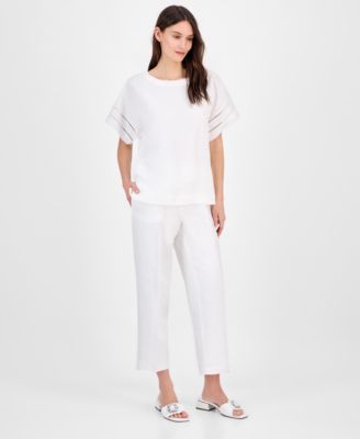売れ筋商品|||アンクライン カットソー トップス レディース Women's Linen Blend Drop-Shoulder Button-Back Blouse Bright White Sleeveless Double Layer Blouse Bright White | Anne Klein