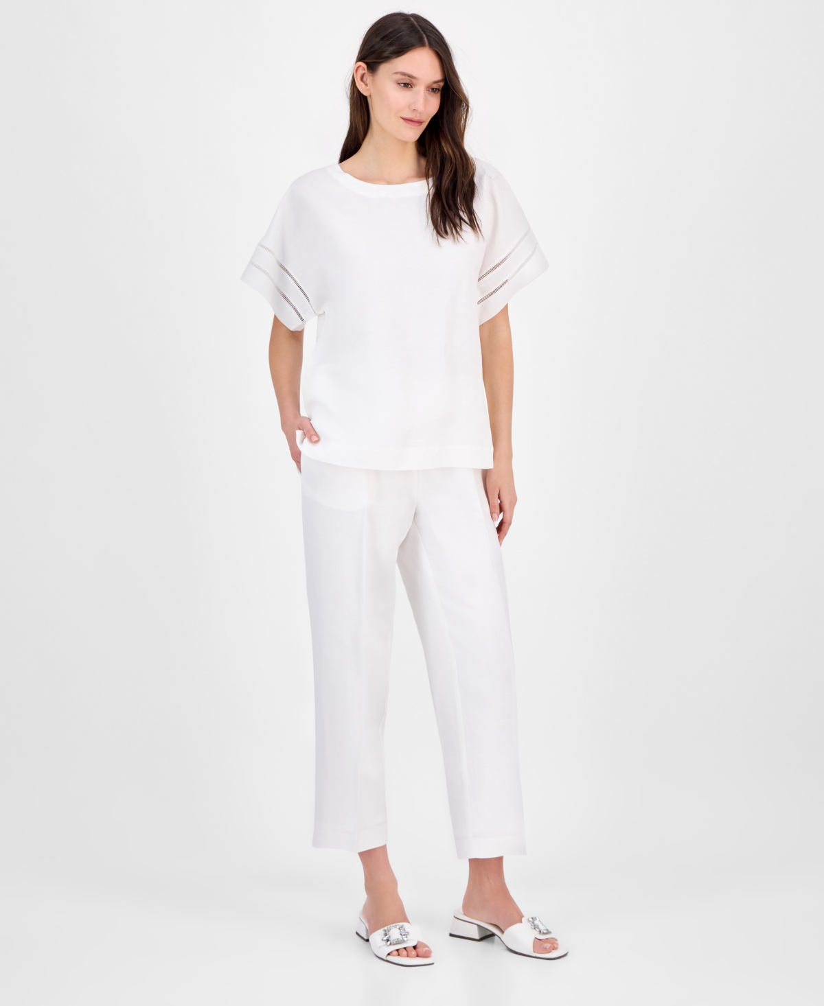 Anne Klein Ladder Stitch Inset Linen Blend Top In Bright White