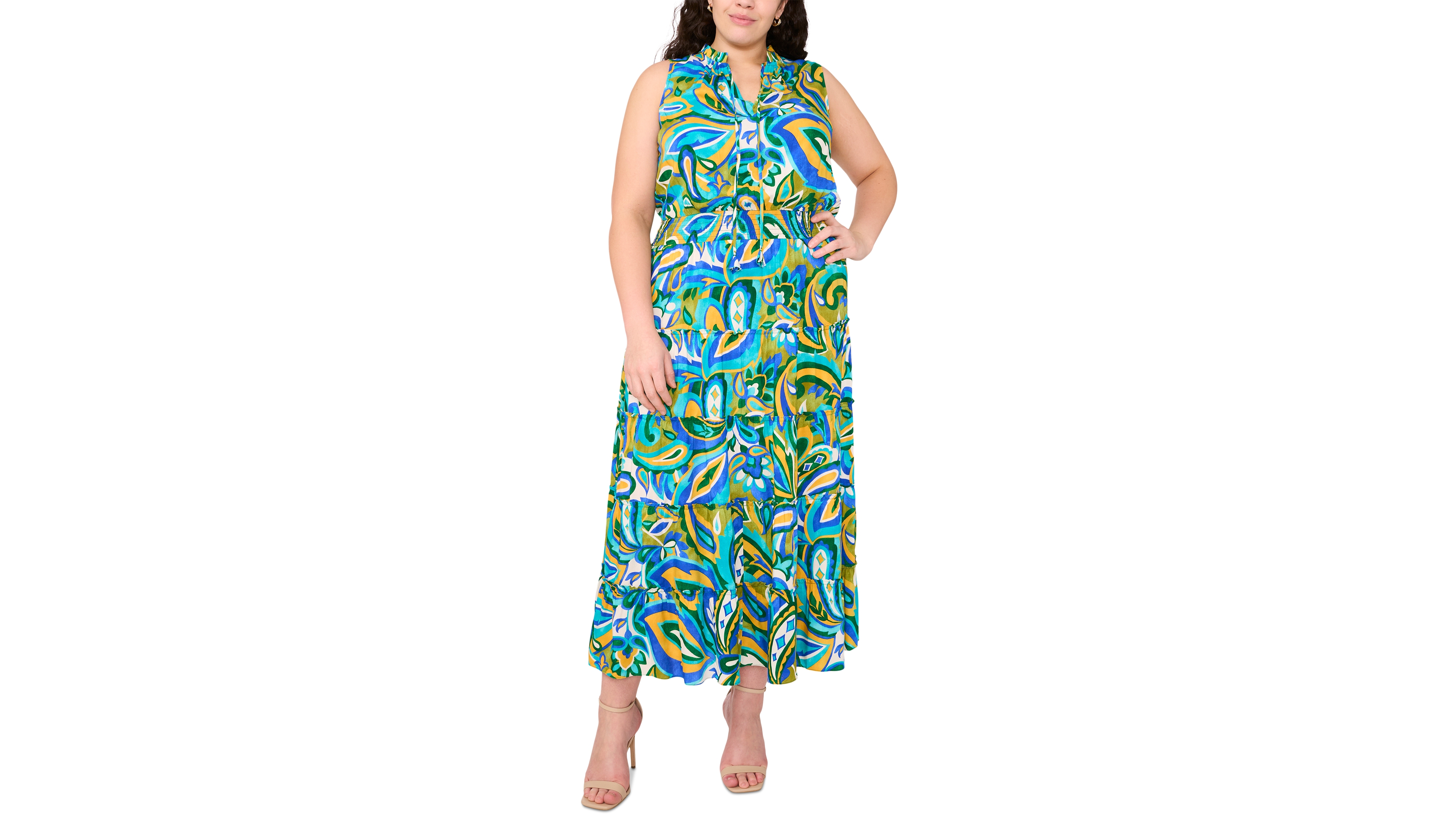 Msk Plus Size Printed Split-Neck Smocked-Waist Tiered Dress