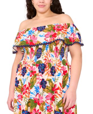 Plus Size Floral Off-The-Shoulder Smocked Maxi Dress