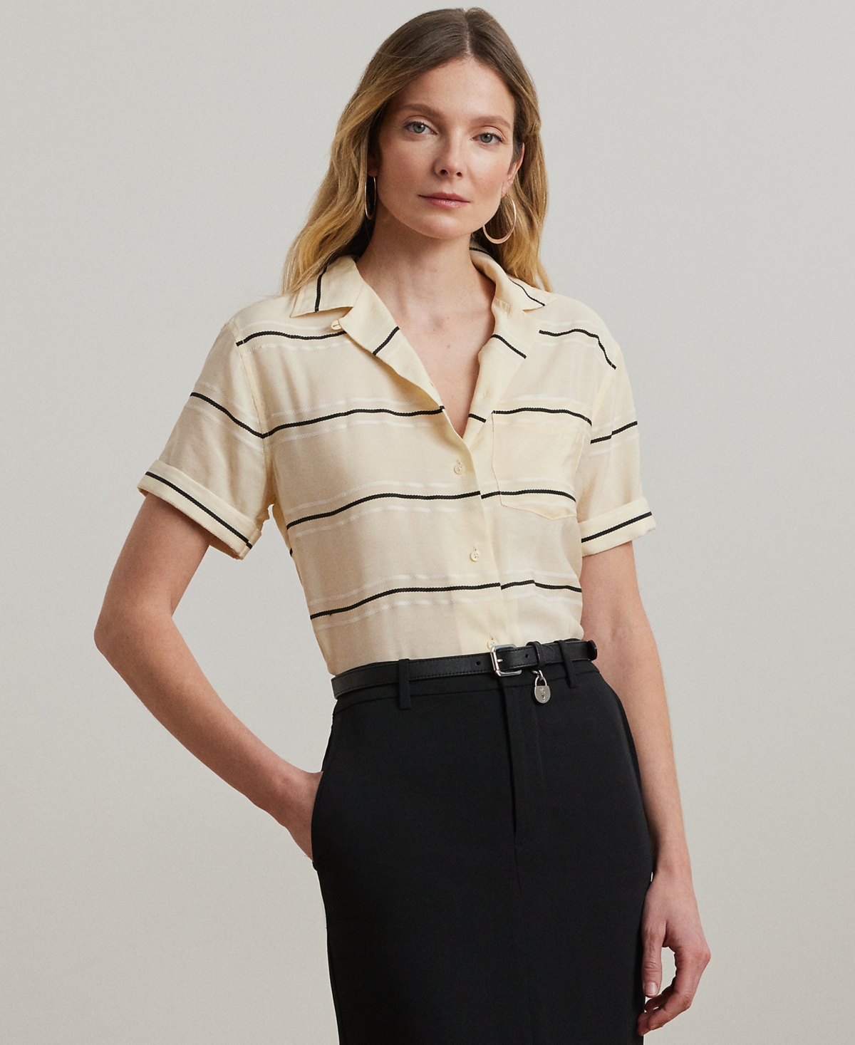 Petite Striped Short-Sleeve Camp Shirt - Tan Multi