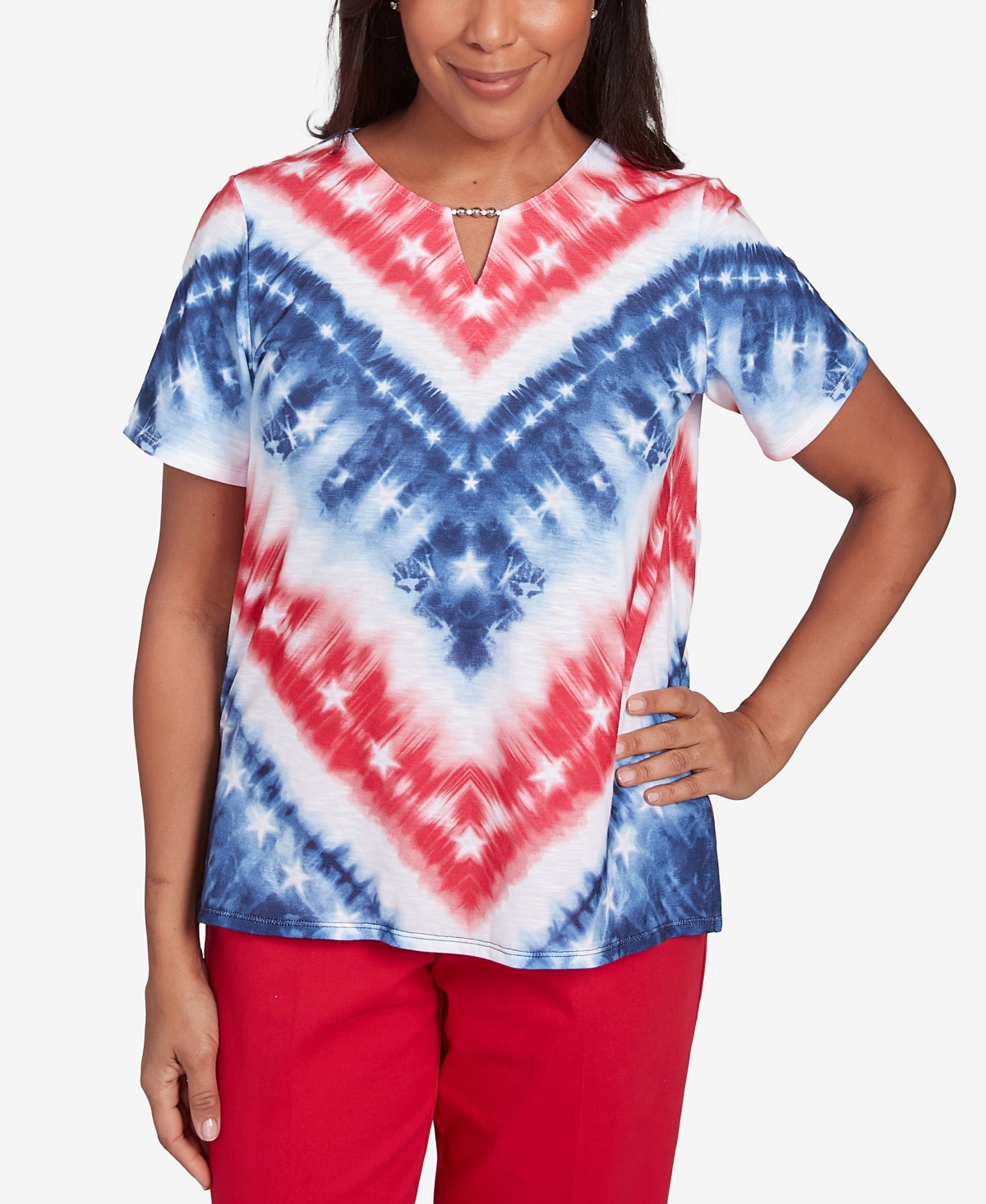 Alfred Dunner Petite Land Of The Free Tie Dye American Chevron Short Sleeve Top In Multi Red