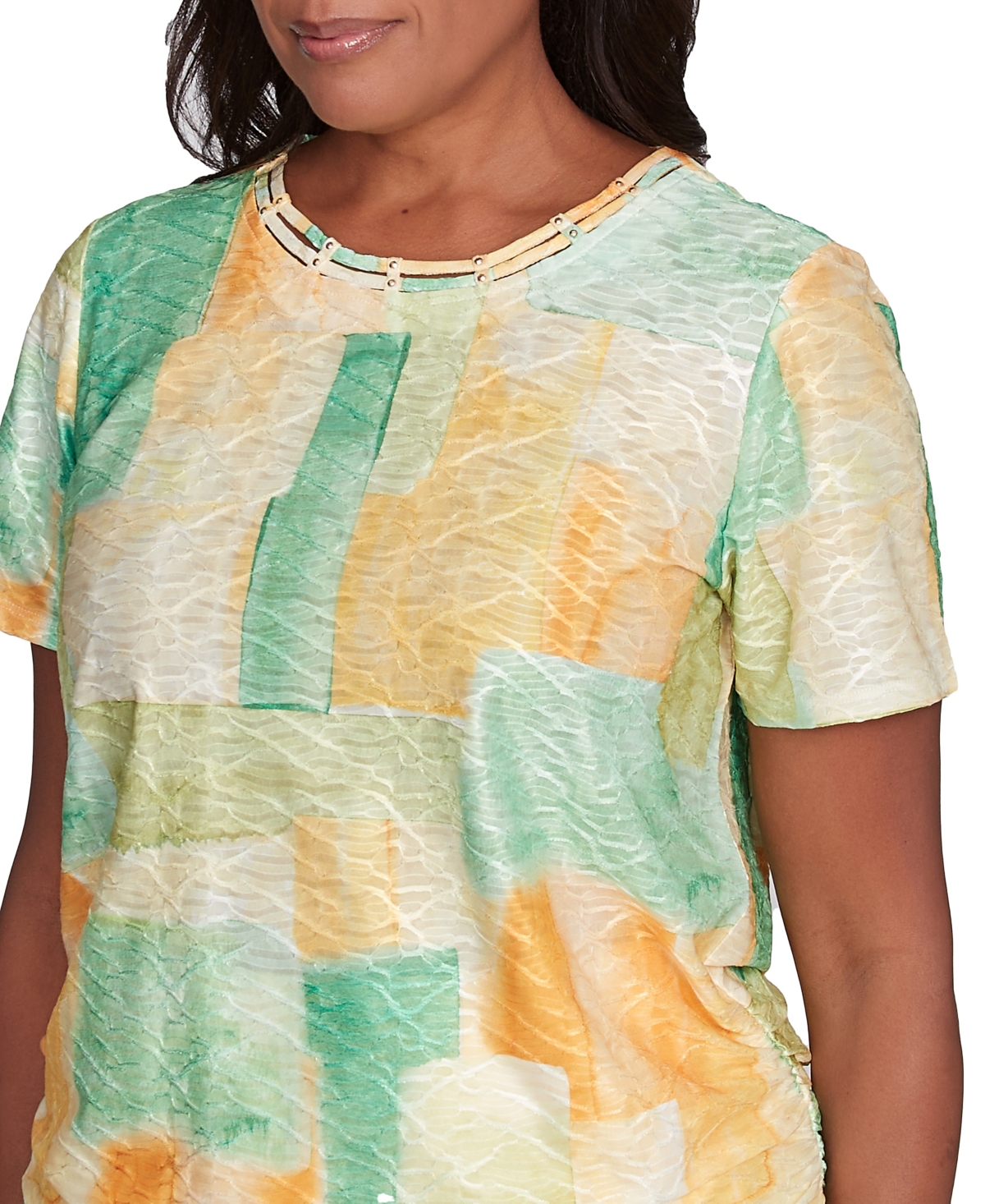 Alfred Dunner Petite Rise Shine Textured Patch Short Sleeve Top In Lemon Multi