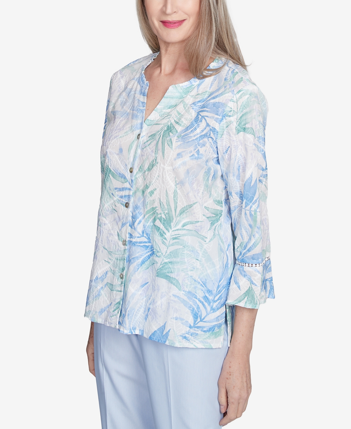 Alfred Dunner Petite St. Thomas Tropical Embroidered Button Front Top In Sky Blue Multi