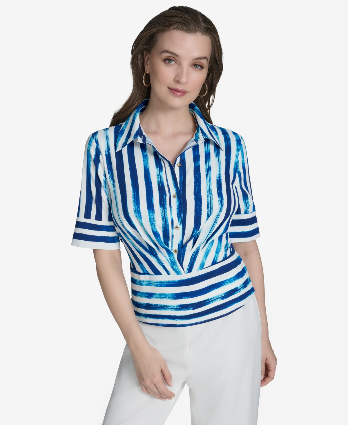 HALSTON WOMEN'S STRIPED COLLARED BUTTON-FRONT SHIRT 