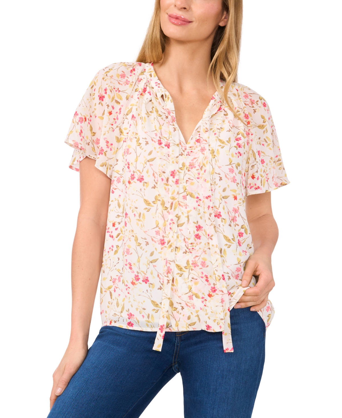 Shop Cece Women's Flutter-sleeve Tie-neck Blouse In New Ivory