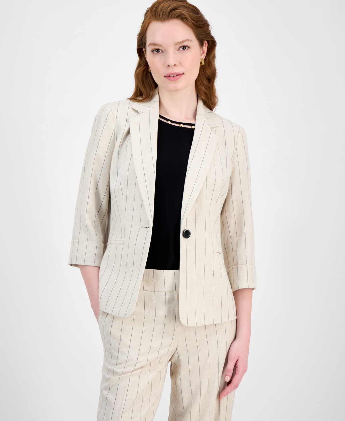 Women's Pinstripe Notch-Collar 3/4-Sleeve Jacket, Regular & Petite Sizes - Parchment Multi