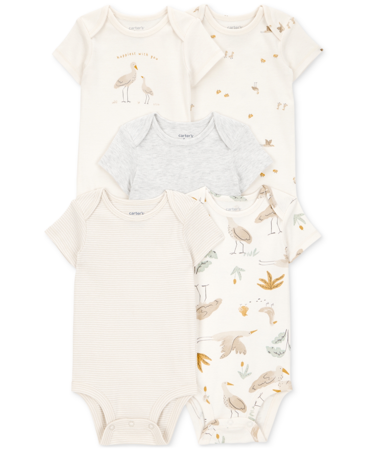 Carter's Baby Boy Or Baby Girl Striped Birds Short-sleeve Bodysuits, 5 Pack