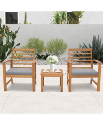 3 Piece Outdoor Furniture Set Acacia Wood Conversation Set w/ Cushions