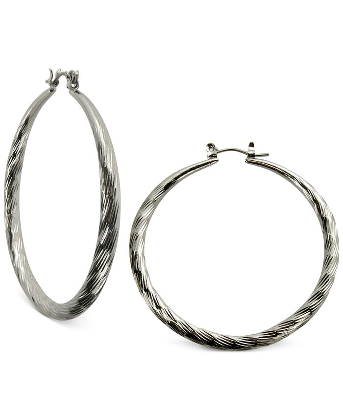 GUESS - Silver-Tone Textured Hoop Earrings
