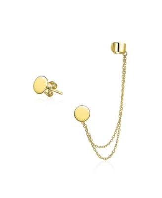 Flat Circle Disc Ear Lobe Cartilage Earring Clip On Helix Long Double Chain Band Wrap Ear Cuff Stud Earring Set