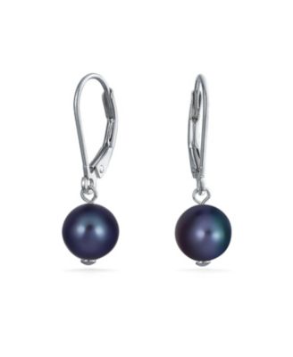 Classic Black White Pink Grey Round Freshwater Cultured Pearl Drop Dangle Bead Ball Earrings .925 Sterling Silver Lever Back