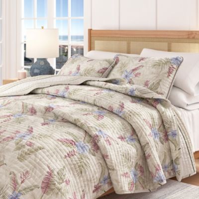 Cotton Stitched Reversible Tropical Palm Quilt and Sham Set