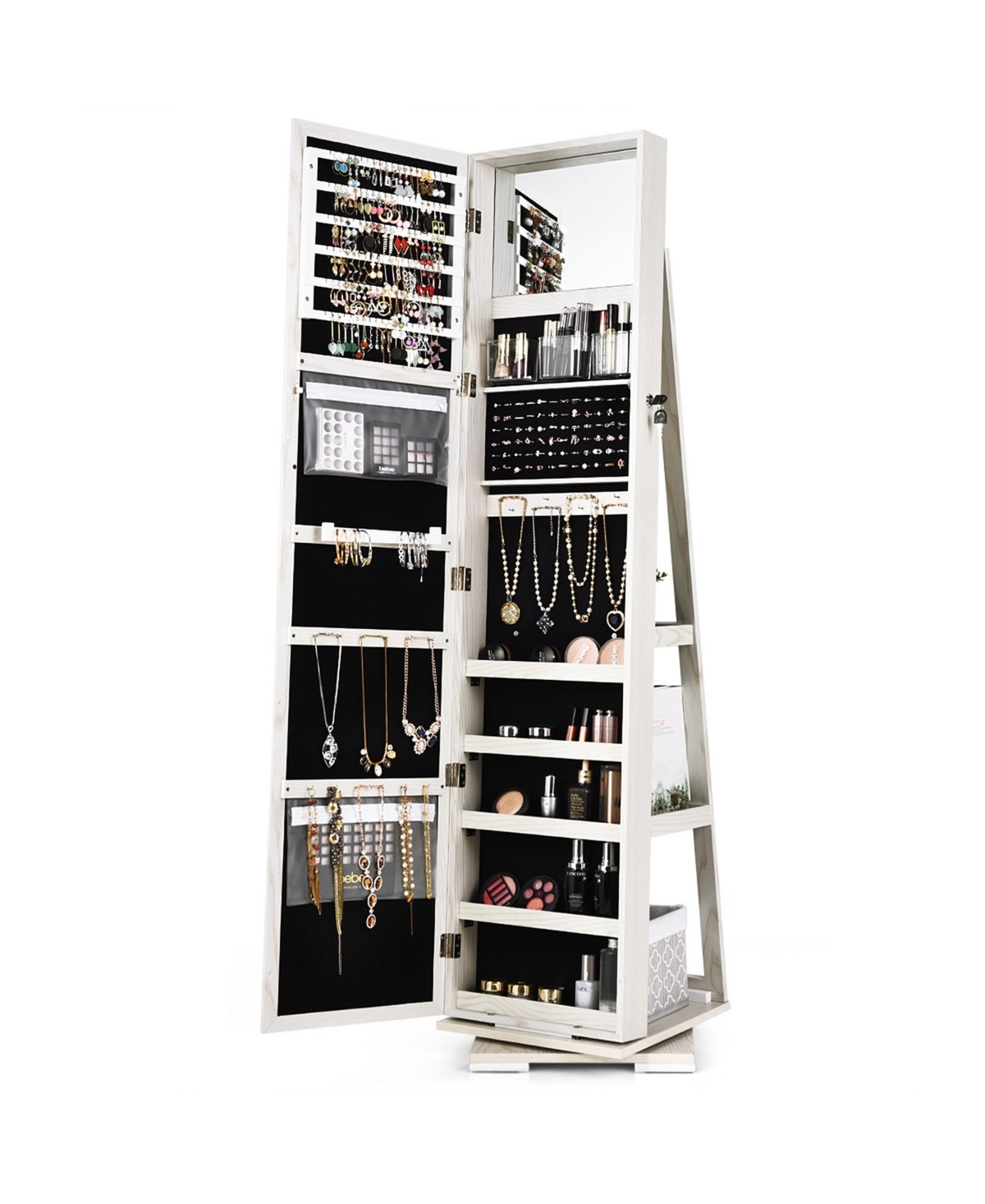 Rotatable 2-in-1 Lockable Jewelry Cabinet with Full-Length Mirror - White