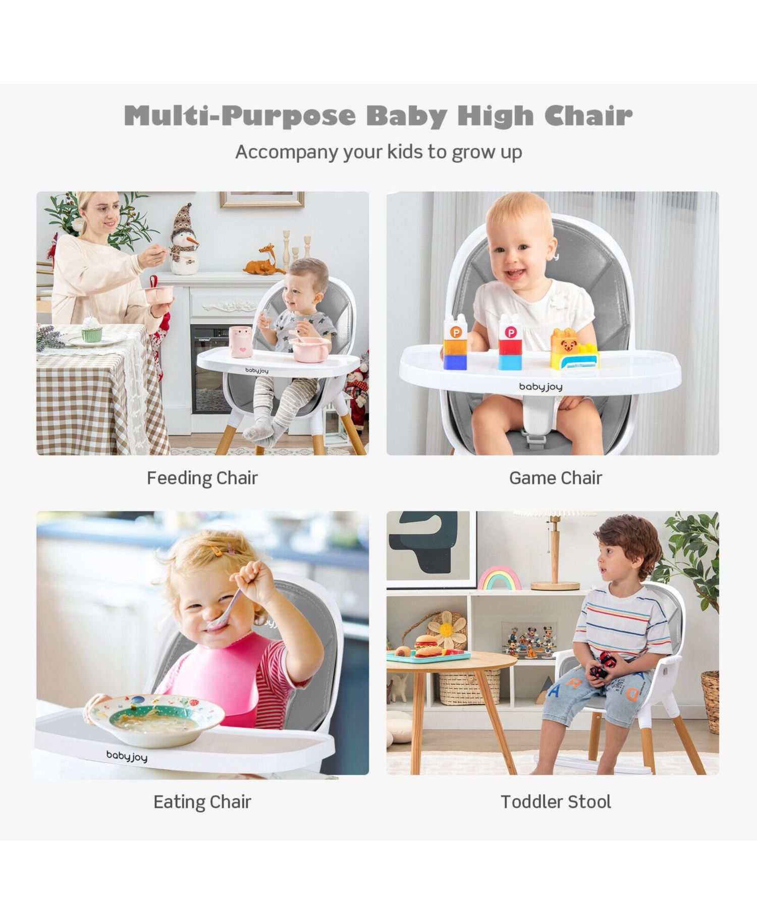 Kids 4-in-1 Convertible High Chair Feeding Chair with Adjustable Tray