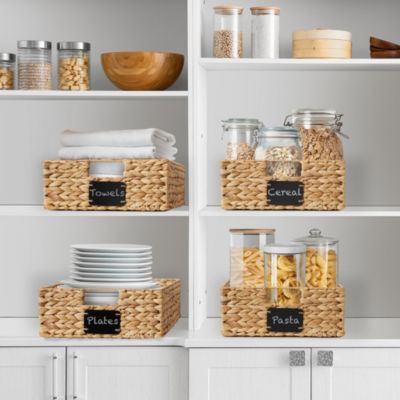 (Set of 4) Water Hyacinth 12-1/2"x17"x5" Pantry Baskets w/ Chalkboard Labels and Marker -Natural, Woven Storage Bins for Kitchen Shelves