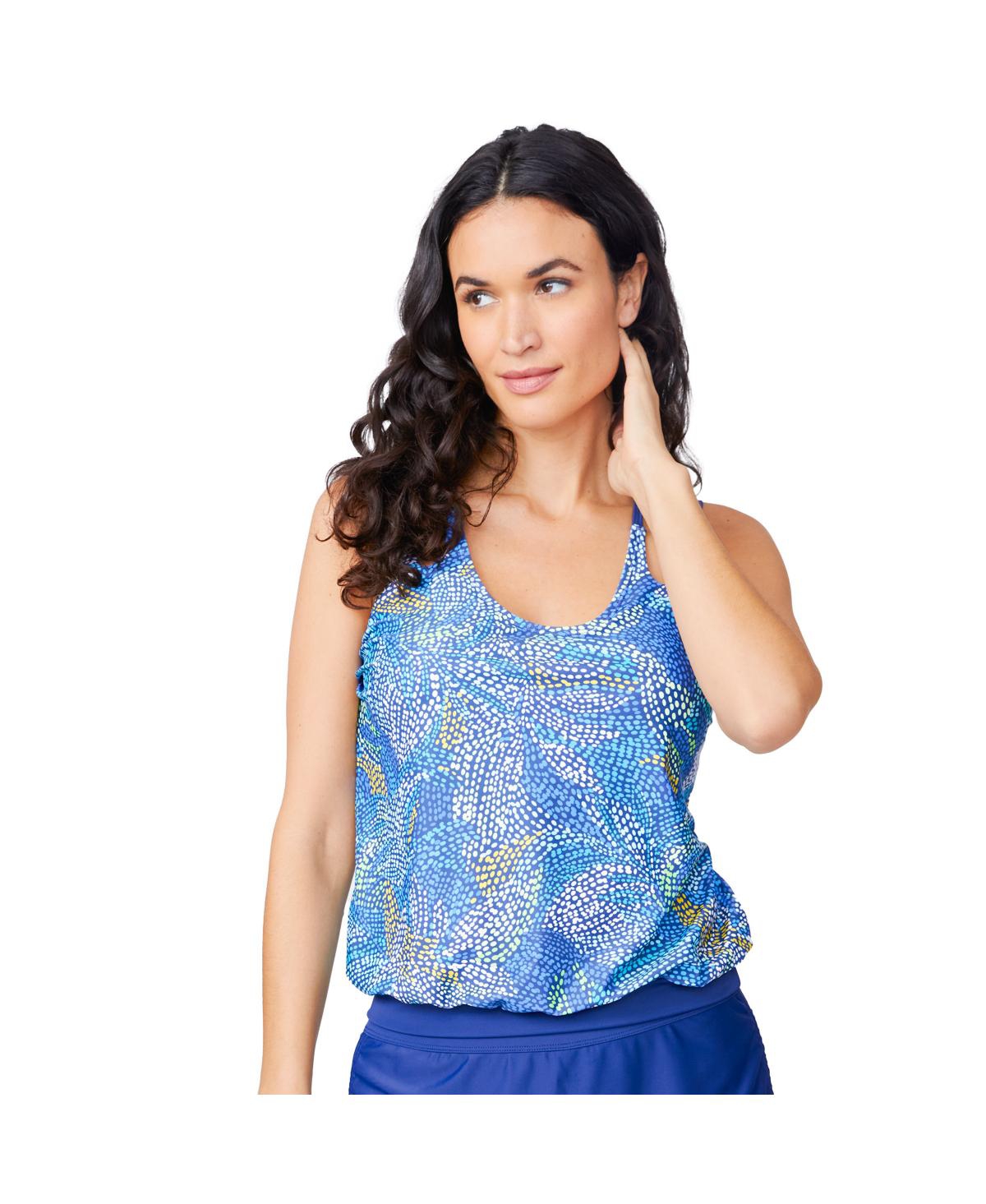 Women's Double Strap Cut Out Blouson Tankini Top - Black batik bloom