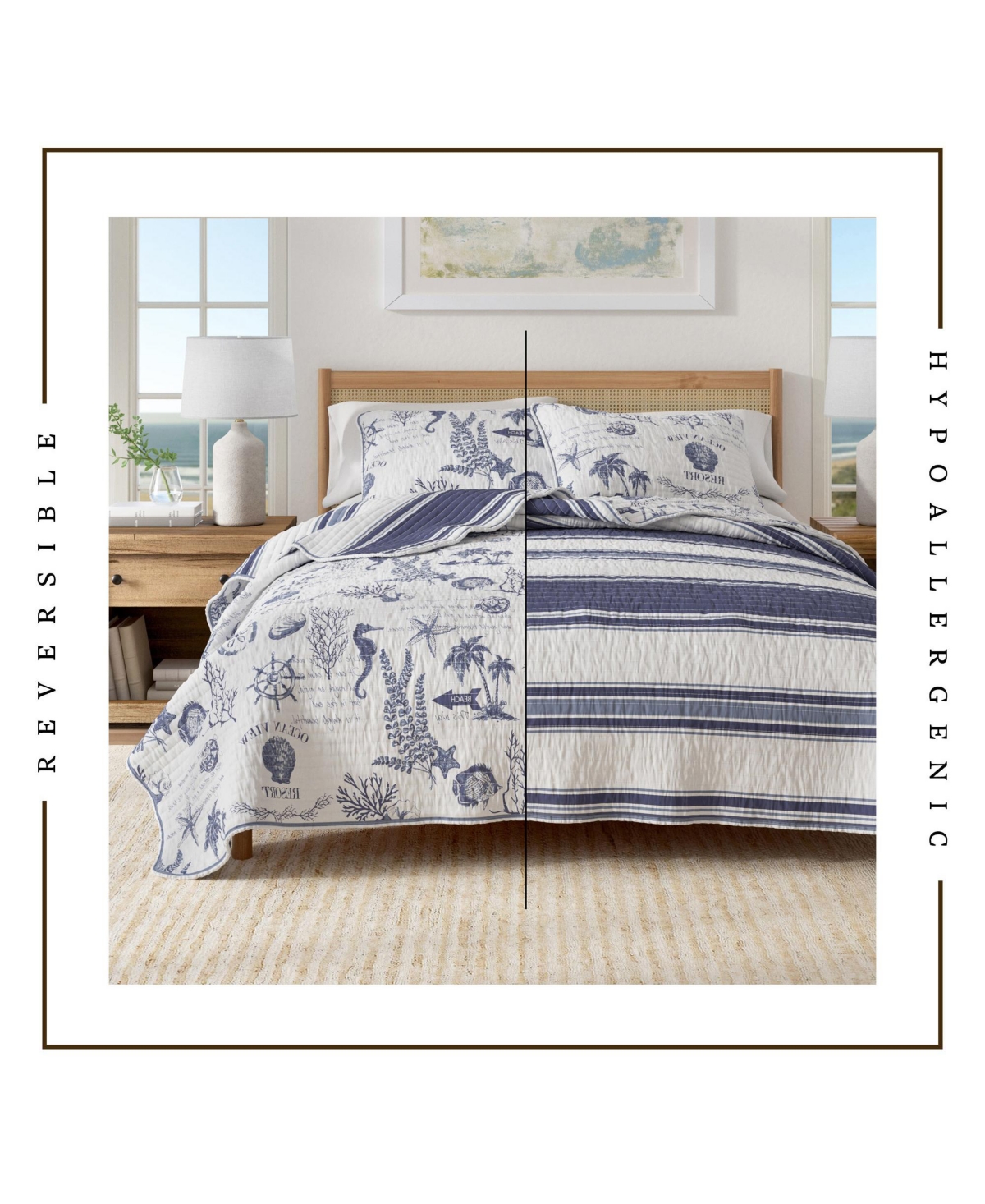 Linery & Co. Cotton Stitched Reversible Coastal 3 Piece Quilt and Sham Set