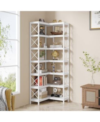 7 Shelf Corner Bookcase, Industrial Large Corner Bookshelf with Metal Frame