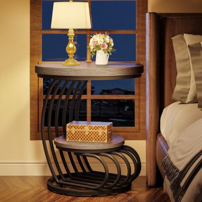 Round End Table: 2 Tiers Faux Marble Side Table, Bedside Nightstand, Metal Arc-Shaped Frame Accent Table