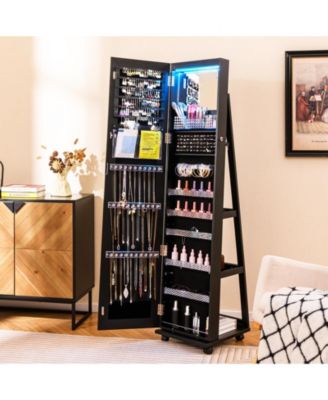 64 Inches Lockable Jewelry Cabinet Armoire with Built-in Makeup Mirror