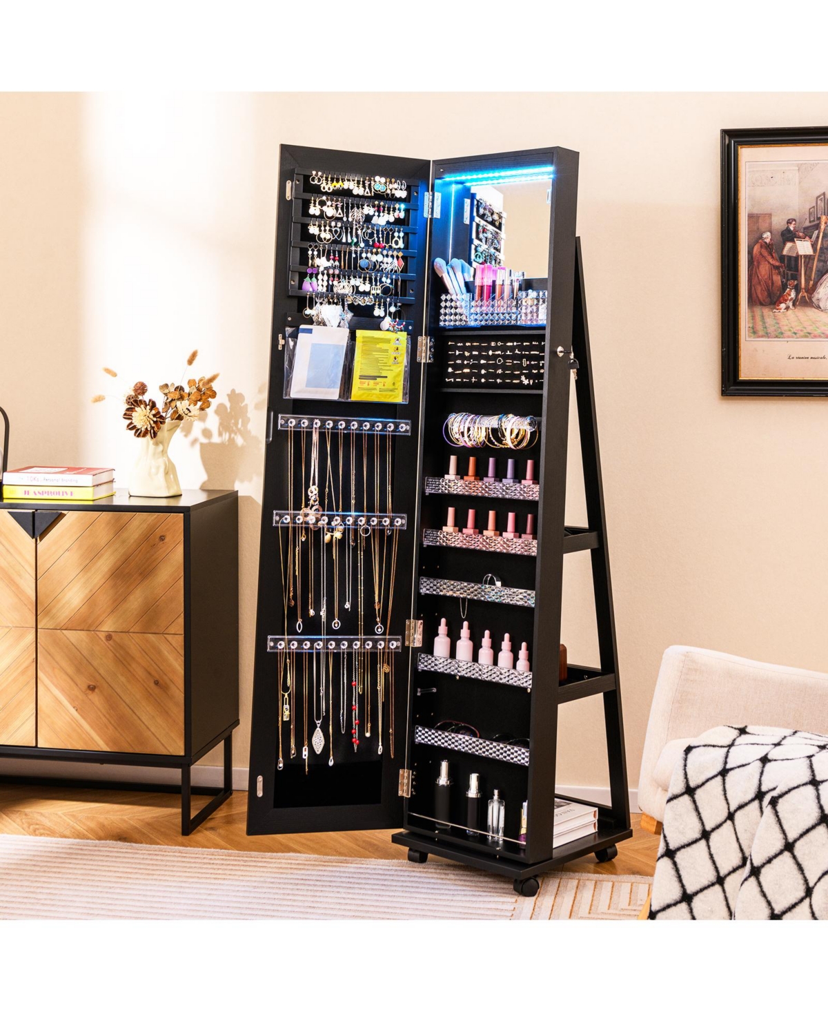 64 Inches Lockable Jewelry Cabinet Armoire with Built-in Makeup Mirror