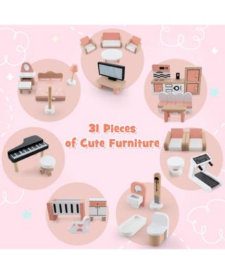 Large 3-Tier Wooden Dollhouse with 32-Piece Furniture Set