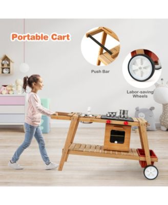 Wooden Pull Cart with Adjustable Sunshade Umbrella