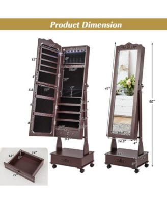 Rolling Floor Standing Mirrored Jewelry Armoire with Lock and Drawers