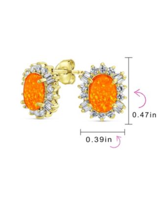  Estate Style Jewelry Oval Created Opal Crown Baguette Halo CZ Stud Earrings .925 Sterling Silver 12MM