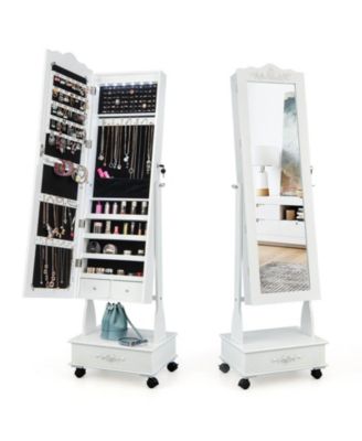 Rolling Floor Standing Mirrored Jewelry Armoire with Lock and Drawers