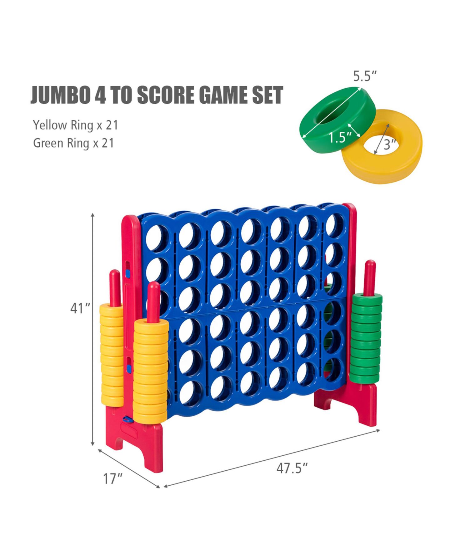 Детские игрушки Gymax Jumbo 4-to-Score Game Set 4 in A Row Kids Adults w/ 42 Jumbo Rings, цвет: Жёлтый — фото 2