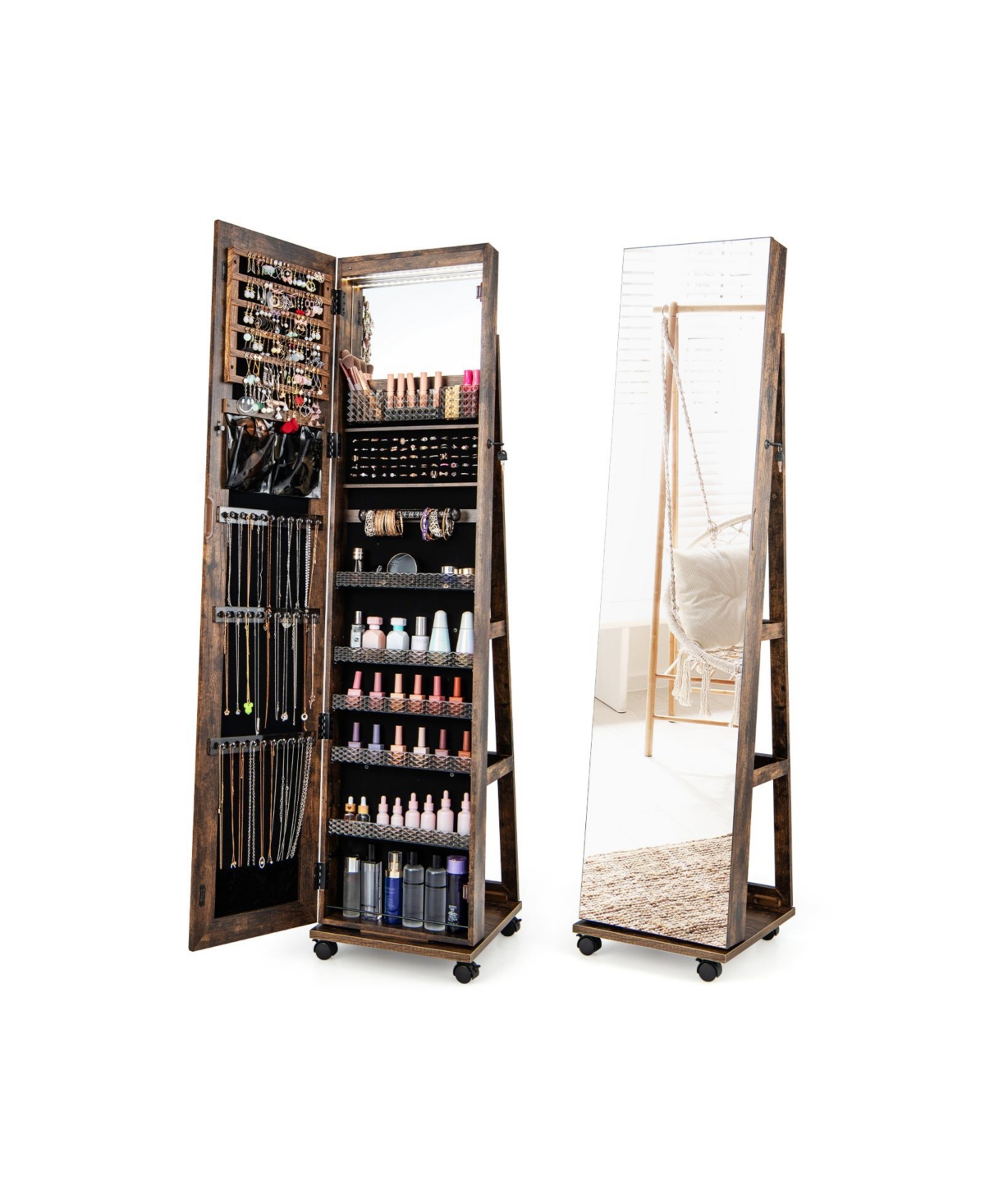 64 Inches Lockable Jewelry Cabinet Armoire with Built-in Makeup Mirror - Dark brown