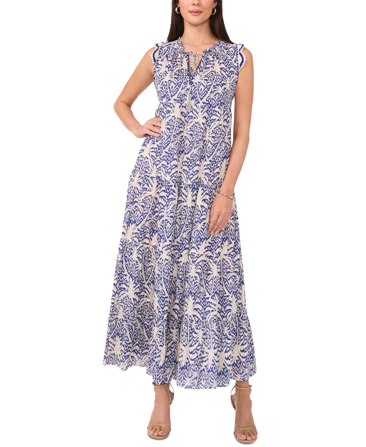 Vince Camuto Tie Neck Tiered Cotton Maxi Dress In Deep Blue