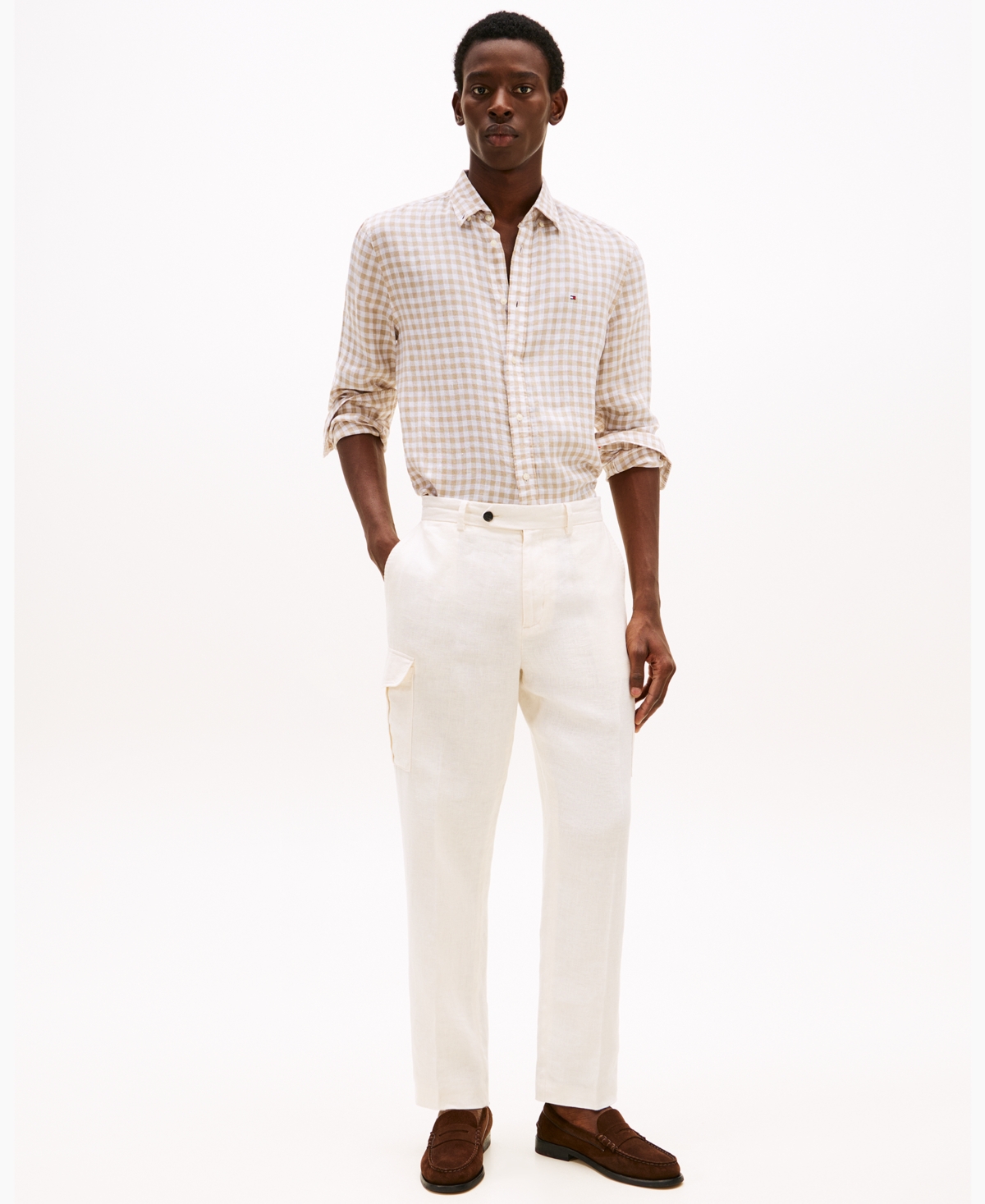 Tommy Hilfiger Slim Fit Gingham Print Linen Shirt In Sandalwood,check