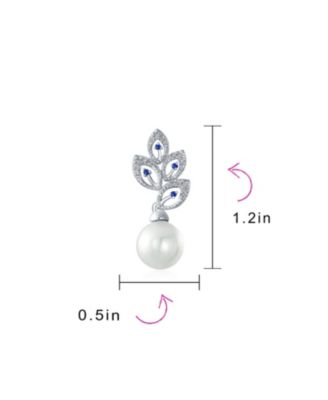 Statement Pave CZ Cubic Zirconia Leaf White Simulated Pearl Drop Earrings Silver Plated