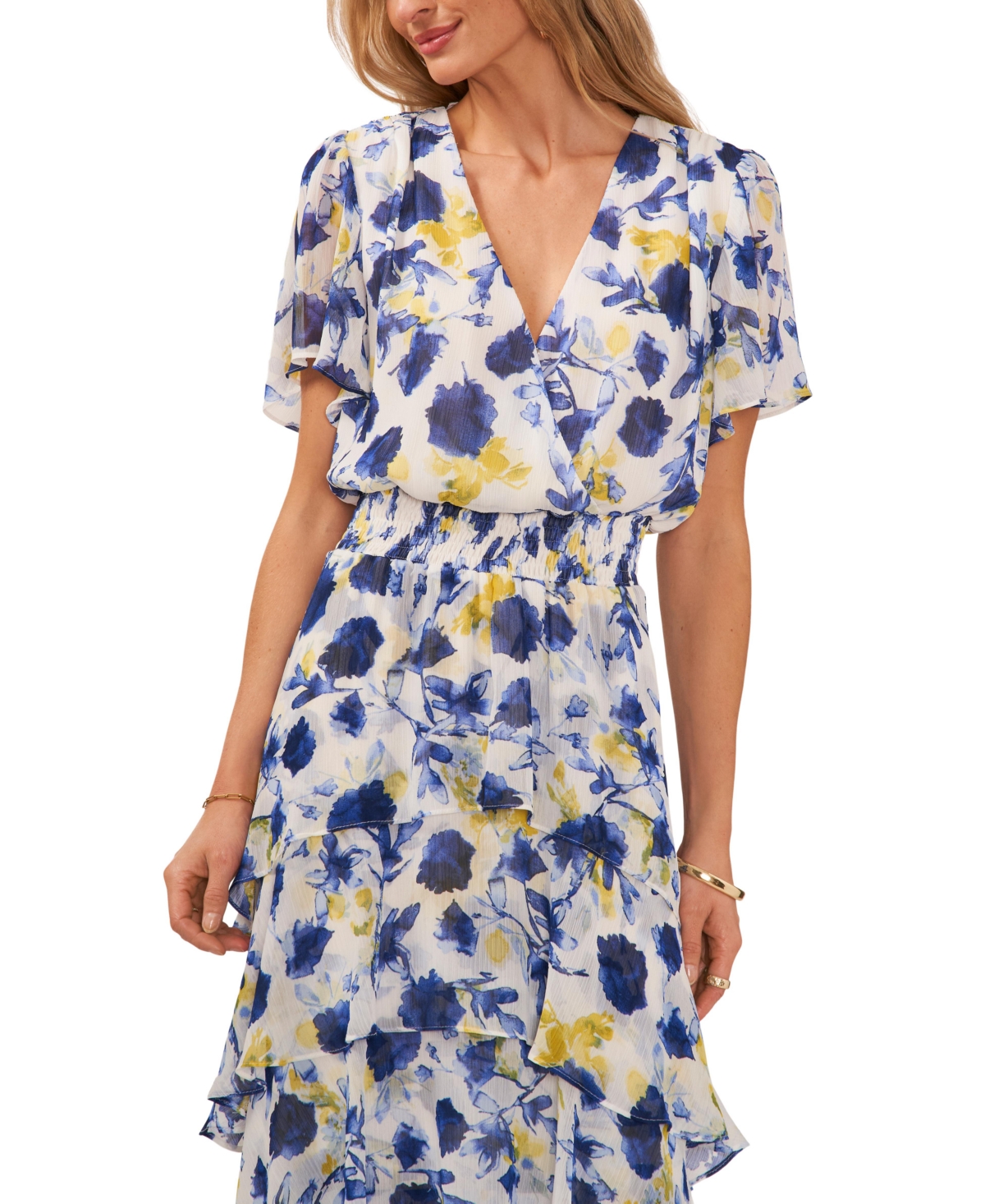 Vince Camuto Floral Print Flutter Sleeve Tiered Ruffle Midi Dress In Ultra White