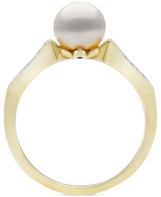 Cultured Freshwater Pearl (7mm) & Diamond (1/6 ct. t.w.) Leaf Accent Ring in 10k Gold
