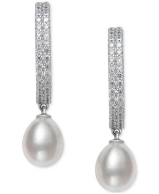 Cultured Freshwater Pearl (8-9mm) & Lab Created White Sapphire (1-1/4 ct. t.w.) Dangle Hoop Earrings in Sterling Silver