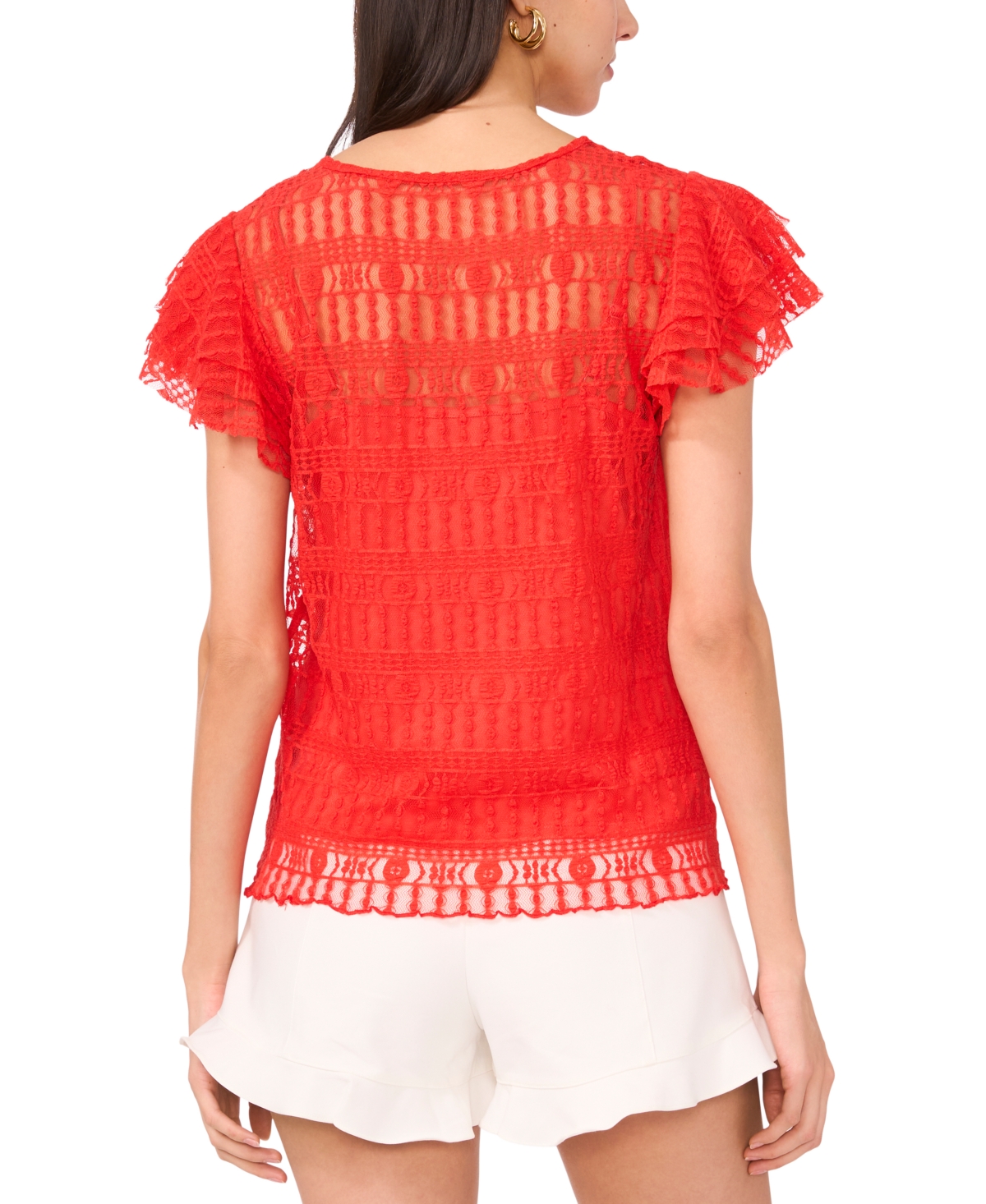 Vince Camuto Ruffle Sleeve Textured Mesh Top In Cayenne