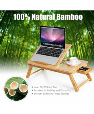 Bamboo Laptop Lap Tray with Adjustable Legs and Tilting Heat-dissipation Top