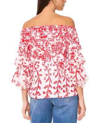 Women's Floral Off The Shoulder Bubble Sleeve Tie Front Blouse