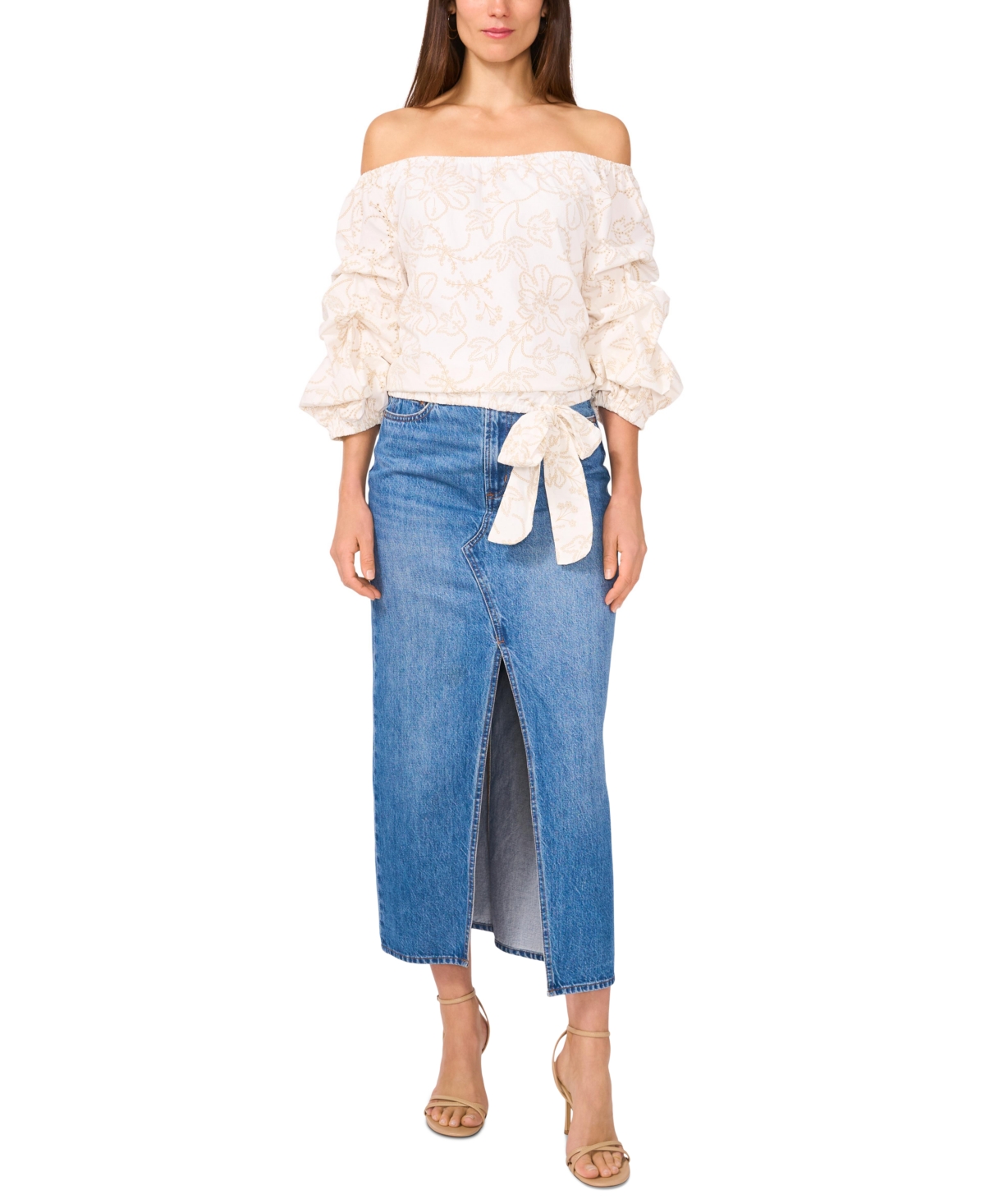 Shop Vince Camuto Women's Floral Embroidered Off-the-shoulder Bubble 3/4-sleeve Tie-front Blouse In Ultra White